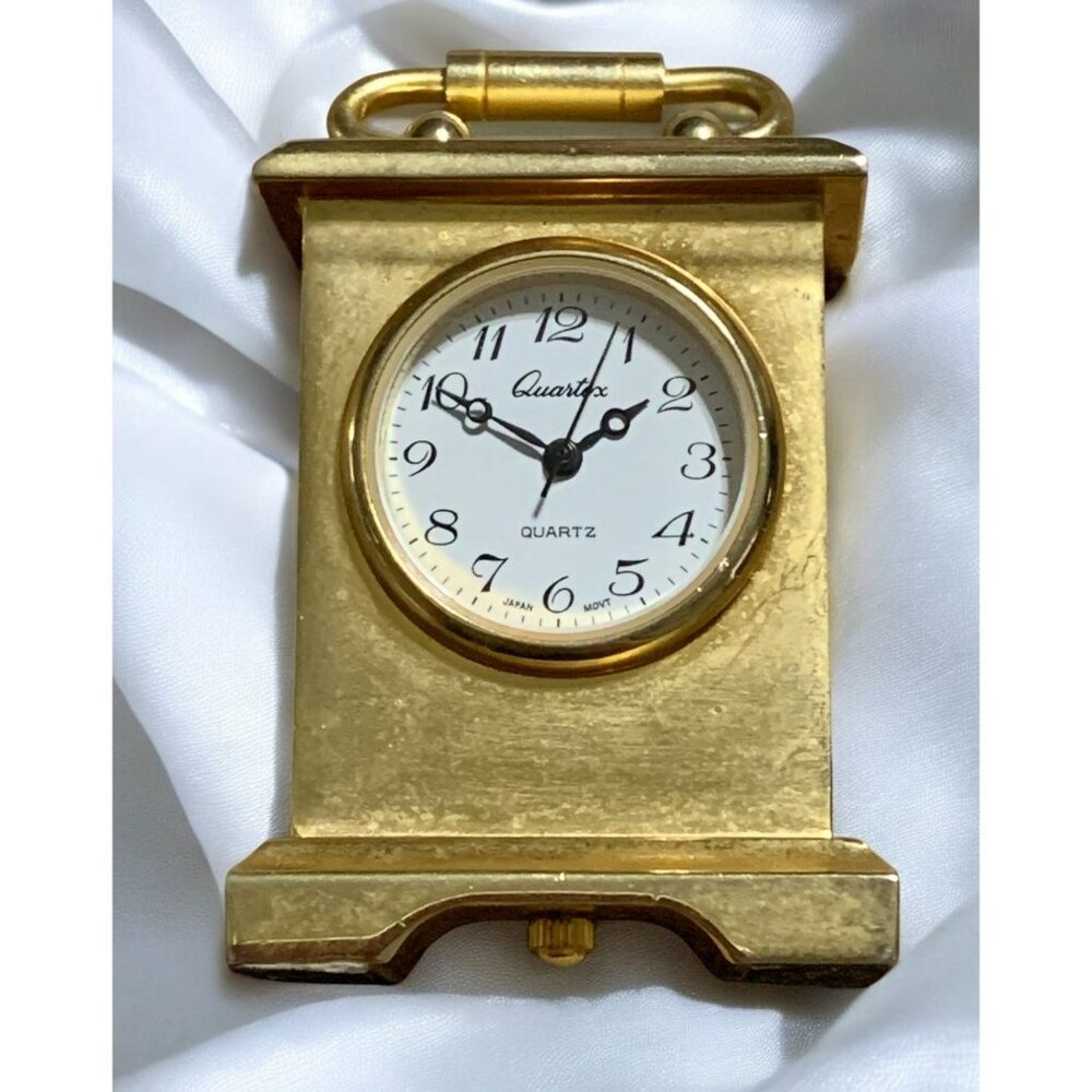 Vtg Quartex Miniature Gold-Tone Quartz Table Clock Handle Mini Mantel